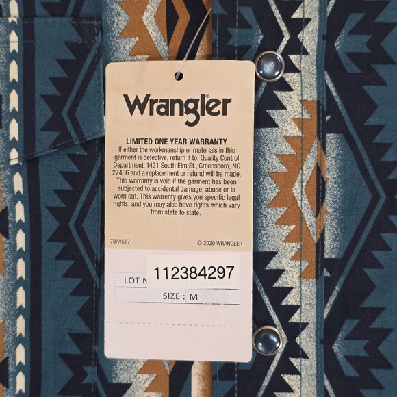 NWT Wrangler Checotah Western Shirt Medium Blue Tan Aztec Southwest Pearl Snap - Picture 9 of 15
